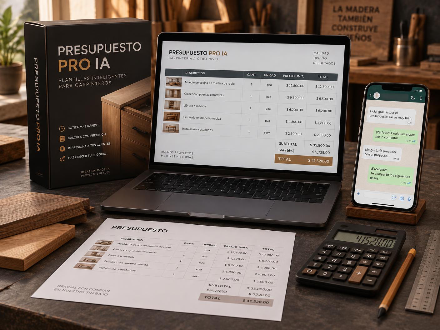 Presupuesto PRO IA en notebook, celular, hoja de presupuesto y calculadora